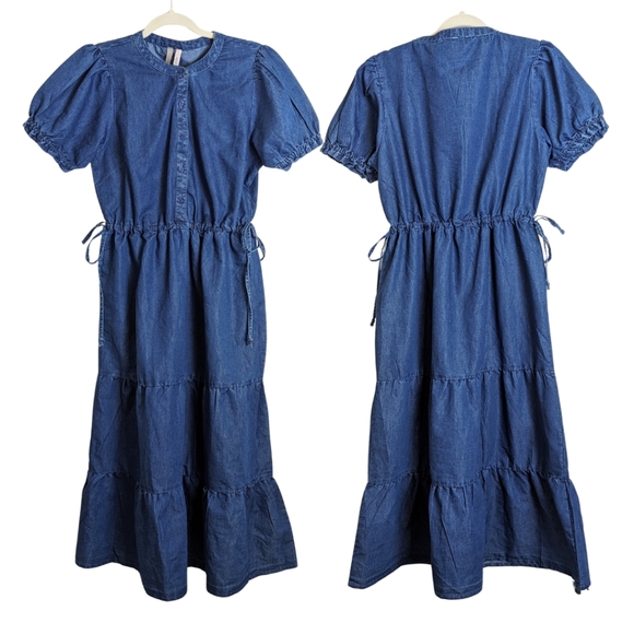 Cottagecore Denim Tiered Maxi Dress Drawing Tie Waist Women's Medium - Picture 1 of 11